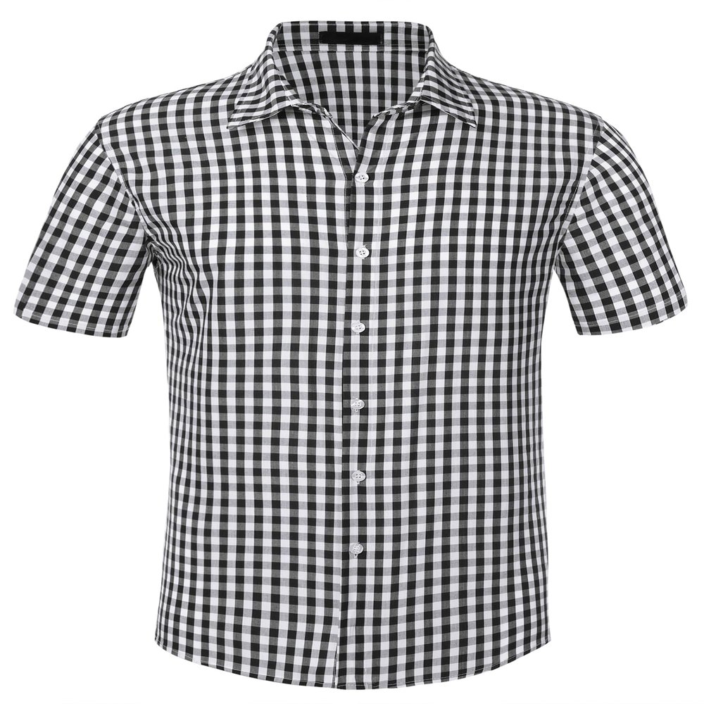 Lars Amadeus Black Checked Shirts for Men's Short Sleeves Button Formal Plaid Tartan Dress Shirt Medium