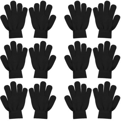 SILEDGN 6 Pairs Kids Gloves Knit Gloves for Boys Girls Winter Gloves for Clod Weather Stretchy Warm Magic Glove for Chirdren, Black