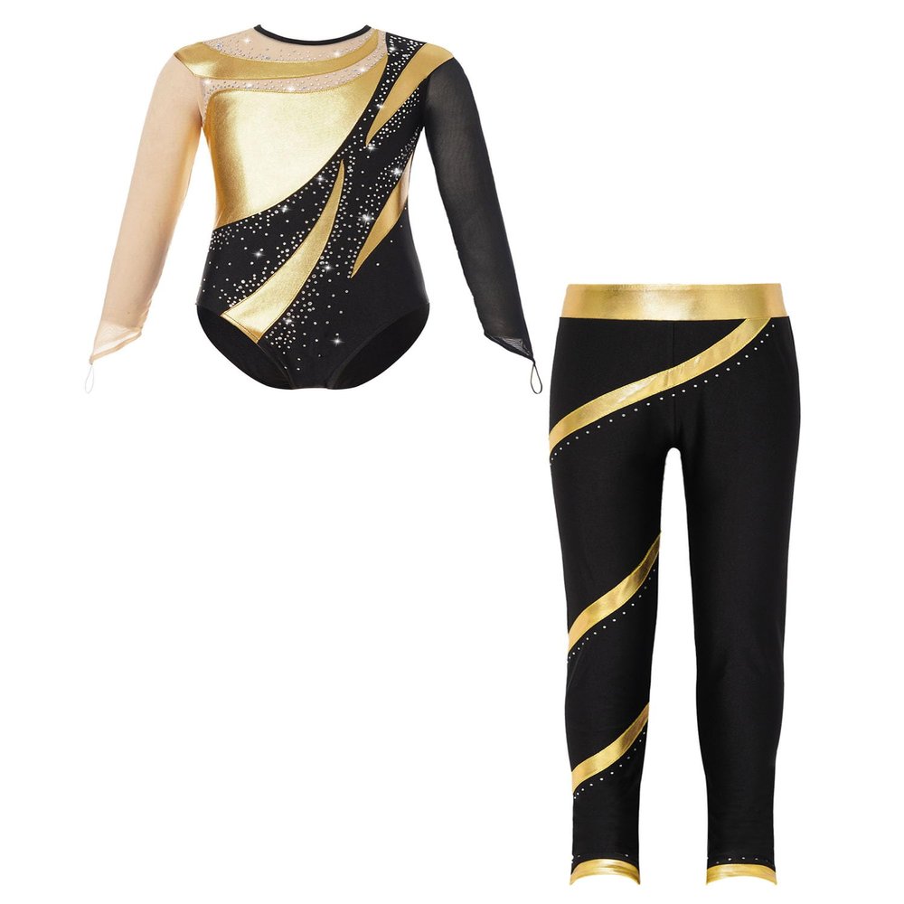 Xnihocha Kids Girls Long Sleeve Gymnastics Leotards with Leggings Sets Figure Ice Skating Outfits Gold 6 Years