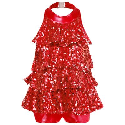 Sinleey Girls Halter Neck Shiny Sequins Ballet Dance Hip Hop Jazz Dress Metallic Jumpsuit Dancing Performance Costumes Red 6 Years