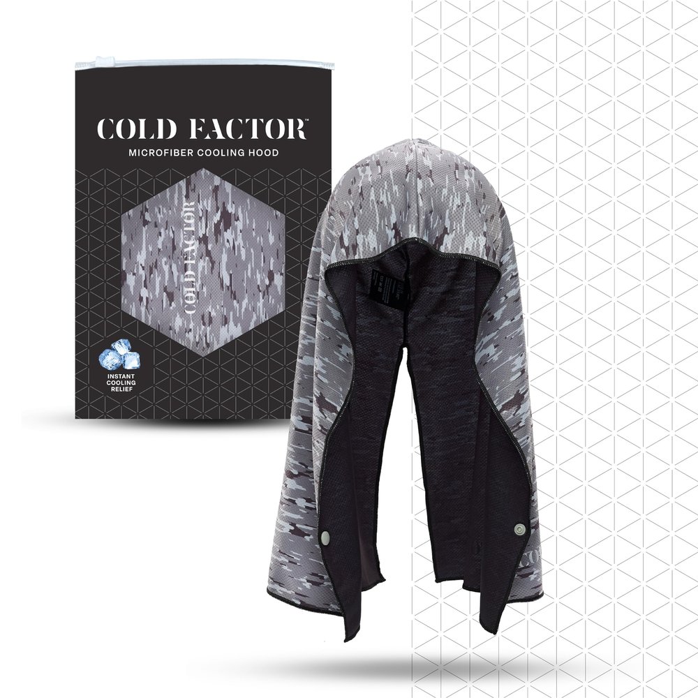 COLD FACTOR Instant Cooling Hoodie Towel (Gray Camo) Advanced Chemical-Free Evaporative Cooling TechnologyUPF50+ Sun Protection, Reflective Accents& Snap Closure, Moisture-Wicking& 2+ Hours Cooling