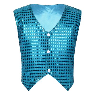 Sinleey Girls Boys Sequins Vest Waistcoat Kids Metallic Jacket Shirt Hip Hop Jazz Dance Performance Competition Costume Light Blue 9-10 Years