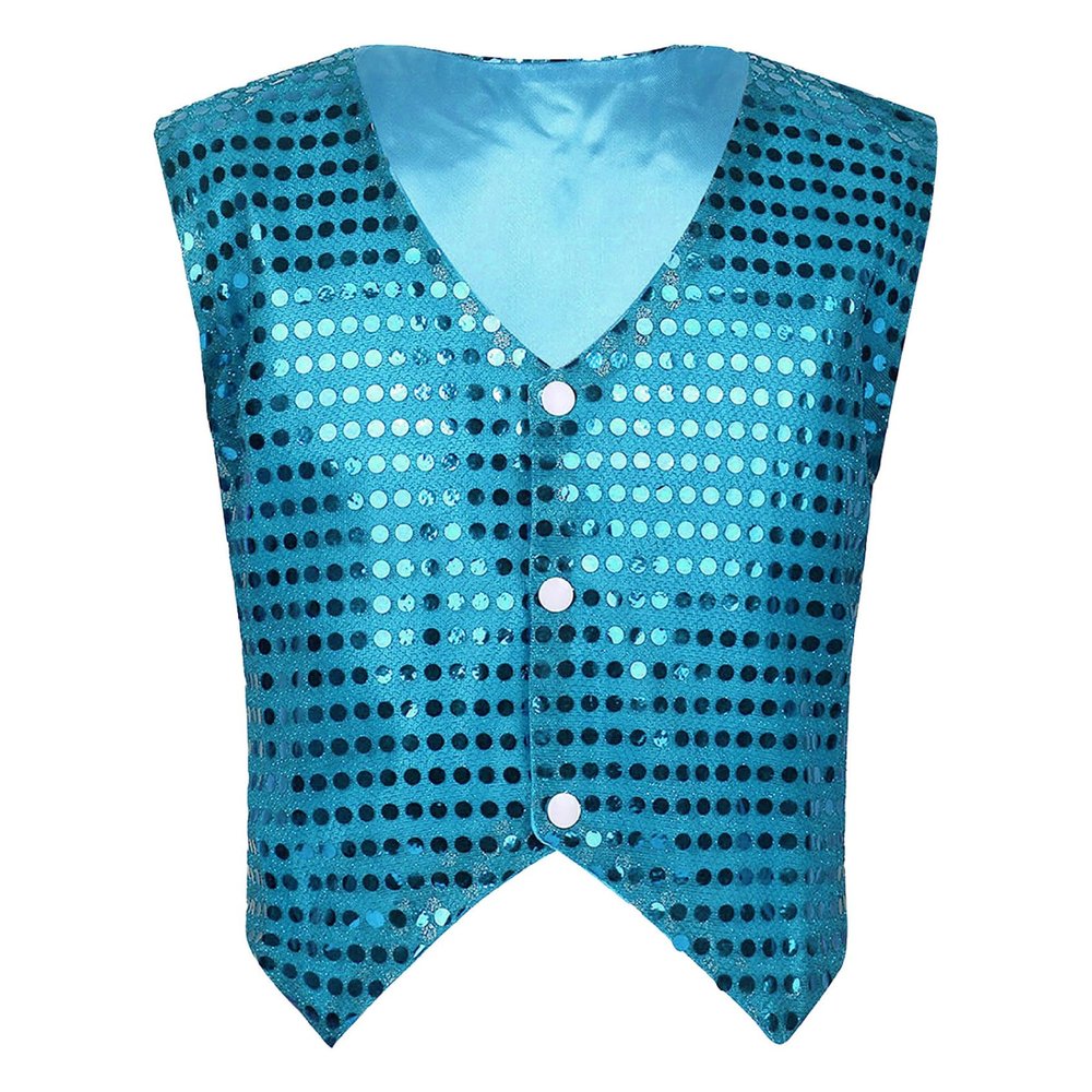 Sinleey Girls Boys Sequins Vest Waistcoat Kids Metallic Jacket Shirt Hip Hop Jazz Dance Performance Competition Costume Light Blue 9-10 Years