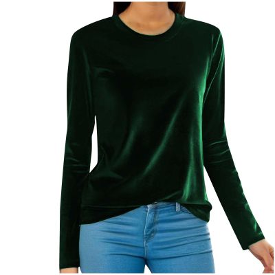 Womens Long Sleeve Velvet Shirts Casual Vintage Crew Neck Pullover Basic Tops Lightweight Shirts Dressy Blouse T Shirts Green