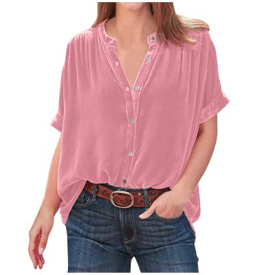 Short Sleeve Velvet Tops for Women Casual Vintage Shirts V-Neck Pullover Formal Elegant Ladies Dressy T Shirts Blouse