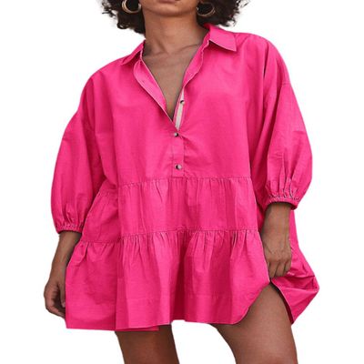 chouyatou Women's Summer Puff Sleeve Tiered Tunic Babydoll Dress Cute Mini Button Down Shirt Dress (Medium, Hot Pink)