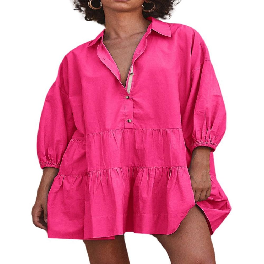 chouyatou Women's Summer Puff Sleeve Tiered Tunic Babydoll Dress Cute Mini Button Down Shirt Dress (Medium, Hot Pink)