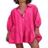 chouyatou Women's Summer Puff Sleeve Tiered Tunic Babydoll Dress Cute Mini Button Down Shirt Dress (Medium, Hot Pink) view 1