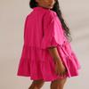 chouyatou Women's Summer Puff Sleeve Tiered Tunic Babydoll Dress Cute Mini Button Down Shirt Dress (Medium, Hot Pink) view 2