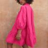 chouyatou Women's Summer Puff Sleeve Tiered Tunic Babydoll Dress Cute Mini Button Down Shirt Dress (Medium, Hot Pink) view 3