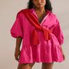 chouyatou Women's Summer Puff Sleeve Tiered Tunic Babydoll Dress Cute Mini Button Down Shirt Dress (Medium, Hot Pink) view 4