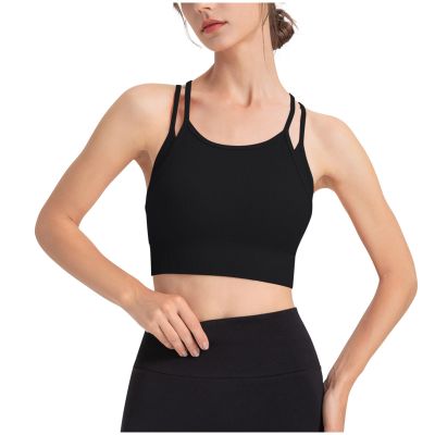 Women's Spaghetti Strap Tank Tops Racerback Wirefree Sports Bra Teen Girls Y2K Crop Top Workout Activewear Gym Yoga Bra Black