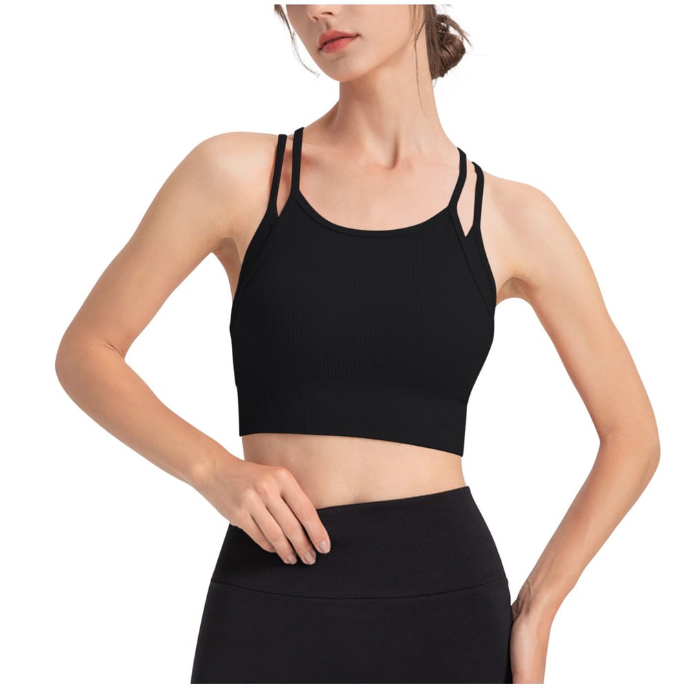 Women's Spaghetti Strap Tank Tops Racerback Wirefree Sports Bra Teen Girls Y2K Crop Top Workout Activewear Gym Yoga Bra Black