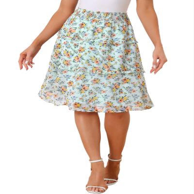 Allegra K Women's Floral Skirts Spring Smocked Elastic Waist A-Line Below Knee Length Ruffle Tiered Skirt Large Light Green