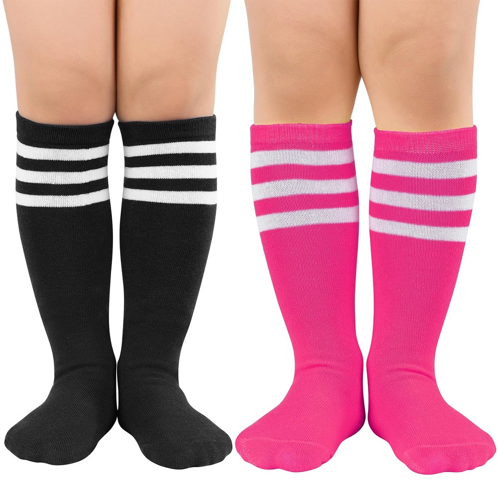 Century Star Toddler Soccer Socks for Girls Boys Baseball Socks Youth Softball Sock Kids Breathable Athletic Socks for Sports 2 Pair Black White & Rose White 3-6 Years