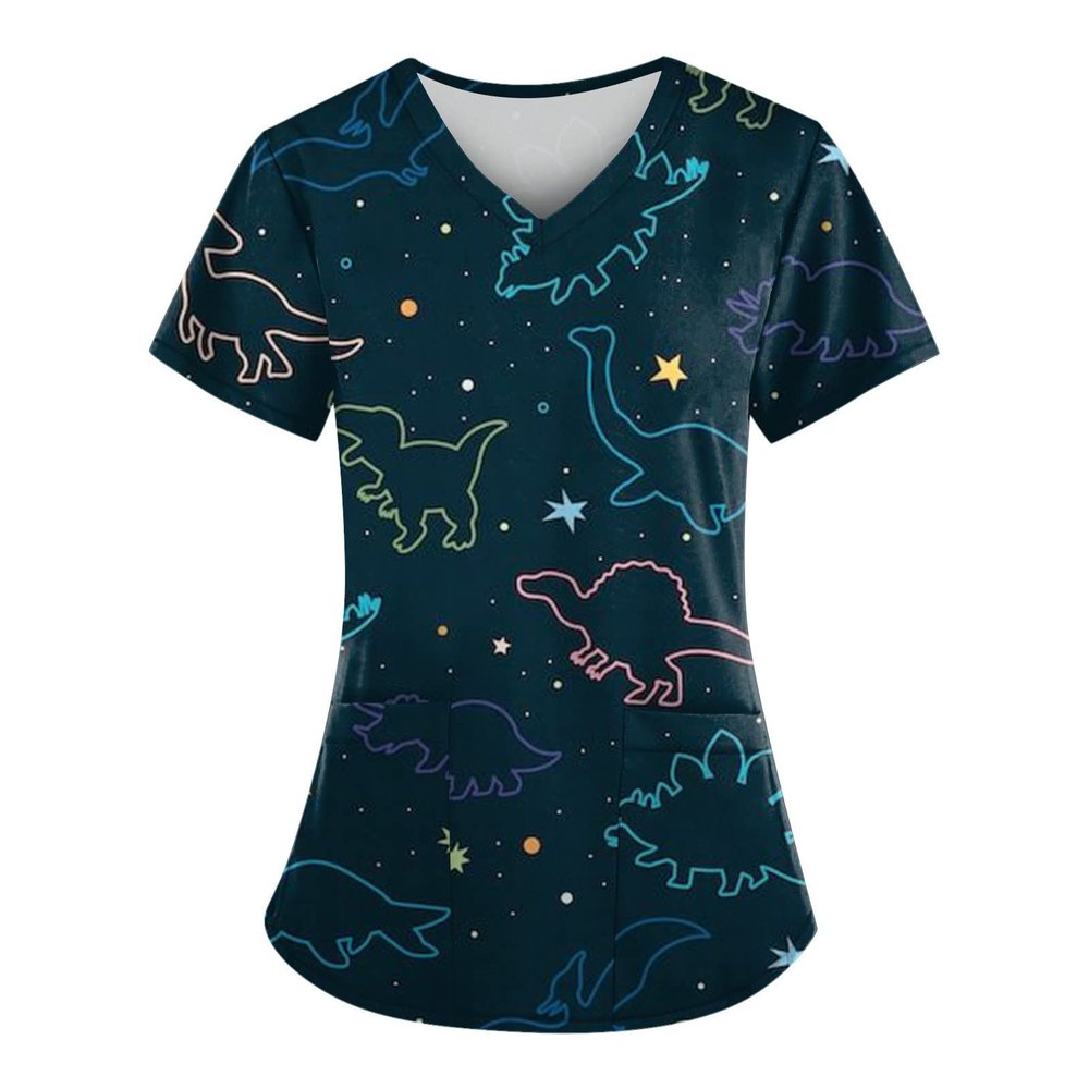 Womens Scrub Tops Fall Flowly Hiking Tshirts Womans Short Sleeve Cute Lightweight Printing Polyester Fitted V Neck Pocket Scrubs for Women Blue