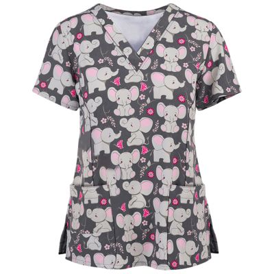 100% Cotton Scrubs for Women Active Short Sleeve Fancy Scrub Womens Fall Oversize Light Printed Polyester Slim V Neck Pocket Tops Gray