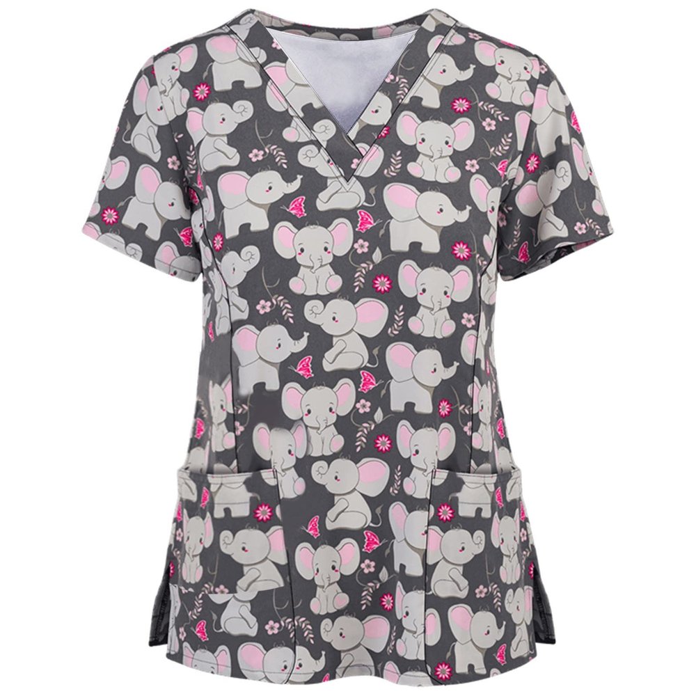100% Cotton Scrubs for Women Active Short Sleeve Fancy Scrub Womens Fall Oversize Light Printed Polyester Slim V Neck Pocket Tops Gray