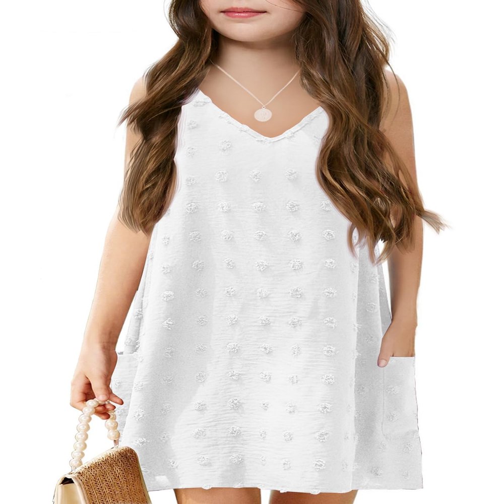 Batermoon Girls Swim Cover Up Swiss Polka Dot Summer Beach Dress V Neck Boho Cute Dresses with Pockets 4-14 Years