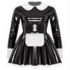 ACSUSS Women's Wet Look PVC Leather French Maid Costume Long Sleeve Mini Apron Dress Fancy Dress Black 3X-Large view 3