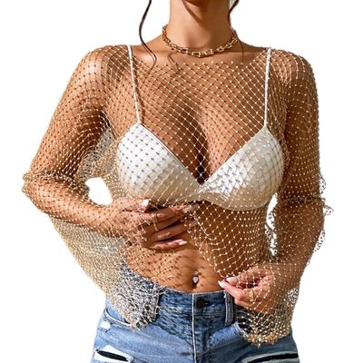 Gold Tops for Women Long Sleeve Rhinestone Top Pearl Shirt Overlay Sheer Sparkle Top Sparkly Mesh Long Sleeve Top for Y2k Rave Party Club Festival Streetwear Outfits Gold B S