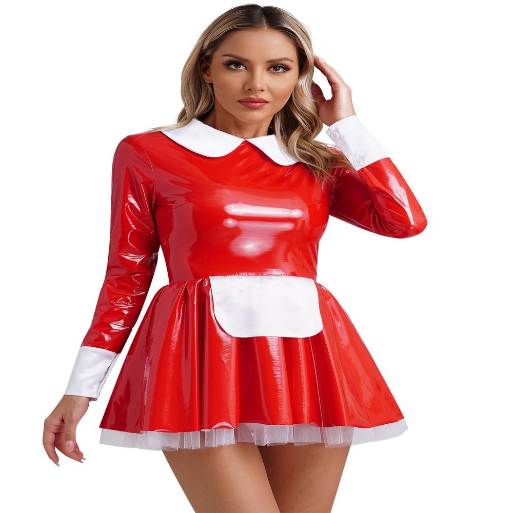 ACSUSS Women's Wet Look PVC Leather French Maid Costume Long Sleeve Mini Apron Dress Fancy Dress Red Small
