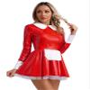 ACSUSS Women's Wet Look PVC Leather French Maid Costume Long Sleeve Mini Apron Dress Fancy Dress Red Small view 2