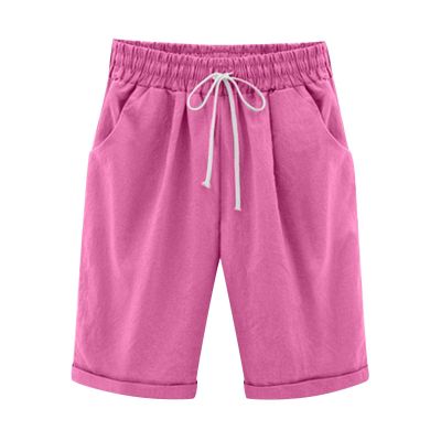 NATHGAM Womens Shorts Summer Beach Cute Cotton Linen Comfy Bermuda Shorts Baggy Stretchy Drawstring Casual Workout Shorts Hot Pink