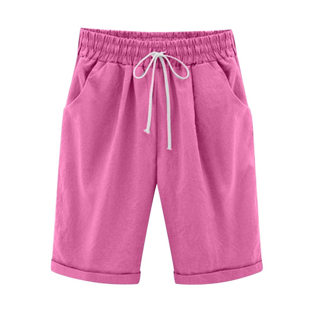 NATHGAM Womens Shorts Summer Beach Cute Cotton Linen Comfy Bermuda Shorts Baggy Stretchy Drawstring Casual Workout Shorts Hot Pink