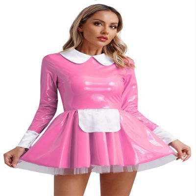 ACSUSS Women's Wet Look PVC Leather French Maid Costume Long Sleeve Mini Apron Dress Fancy Dress Pink Small