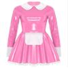 ACSUSS Women's Wet Look PVC Leather French Maid Costume Long Sleeve Mini Apron Dress Fancy Dress Pink Small view 3
