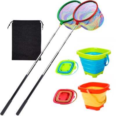 2PCS Fishing Net with Bucket, Telescopic Fishing Landing Net, Collapsible Kids Sand Bucket, Kids Fish Butterfly Catching for Freshwater Saltwater Outdoor Activities