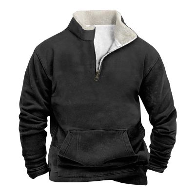 Men's Quarter Zipper Sherpa Sweatshirts 2025 Thermal Warm Sweater 1/4 Zip Stand Collar Cowboy Print Tactical Jacket2-Black,X-Large