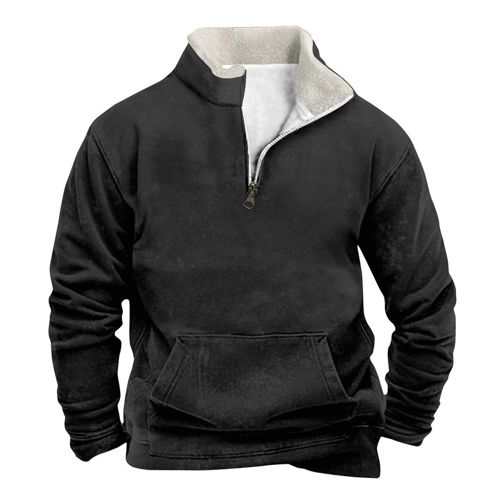 Men's Quarter Zipper Sherpa Sweatshirts 2025 Thermal Warm Sweater 1/4 Zip Stand Collar Cowboy Print Tactical Jacket2-Black,X-Large