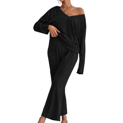codcm Women's Ribbed Knit Pajama Set Long Sleeve Top and Lounge Pants Sleepwear Two Piece Matching Outfits Set(Black,XX-Large)