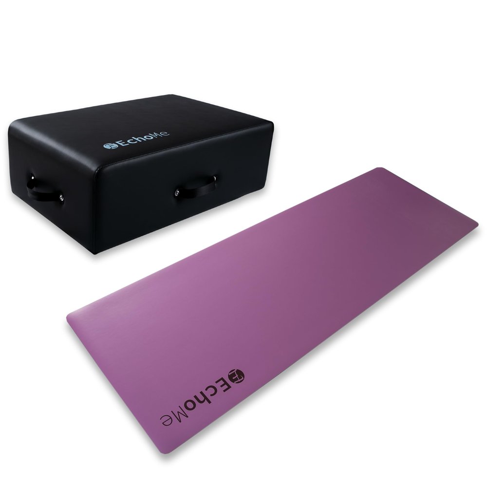 Pilates Reformer Sitting Box Bundle with 4.2mm Purple PU Yoga Mat (72" x 24") EchoMe Professional Home & Studio Gym Accessory for Pilates, Strength & Core Exercises, Non-Slip Natural Rubber Backing