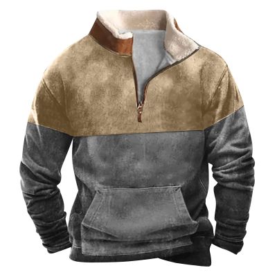 Men's Aztec Western Jacket Cowboy Print Sweatshirt Winter Warm Pullover 1/4 Zip Stand Collar Plus Size Fall Outwear4-Gray,X-Large