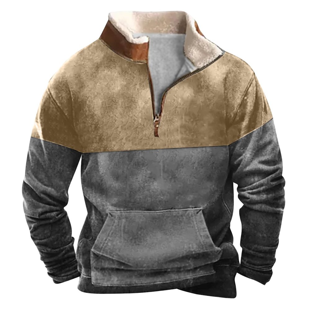 Men's Aztec Western Jacket Cowboy Print Sweatshirt Winter Warm Pullover 1/4 Zip Stand Collar Plus Size Fall Outwear4-Gray,X-Large
