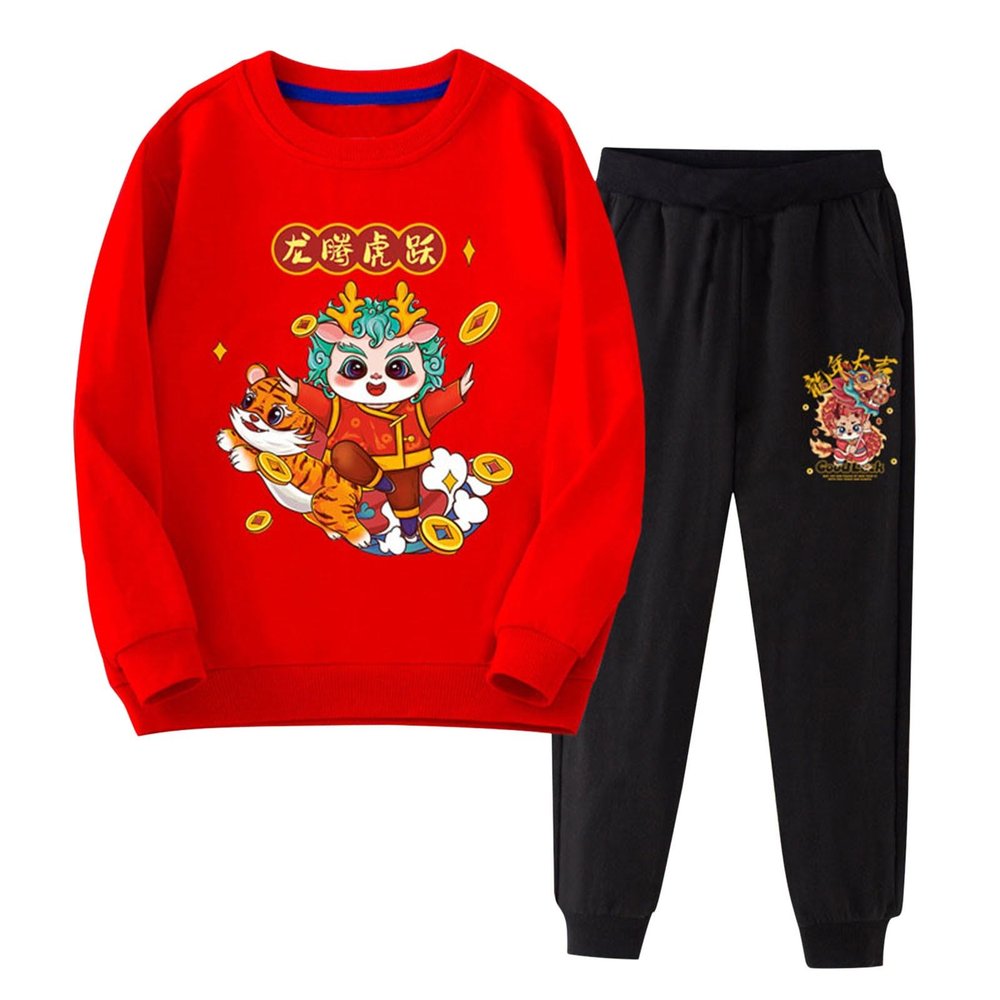 Chinese New Year Clothing Boy Dragon Year Long Sleeve Sweatshirt Pullover Tops + Joggers Pants Outfit (A, 18-24 Months)