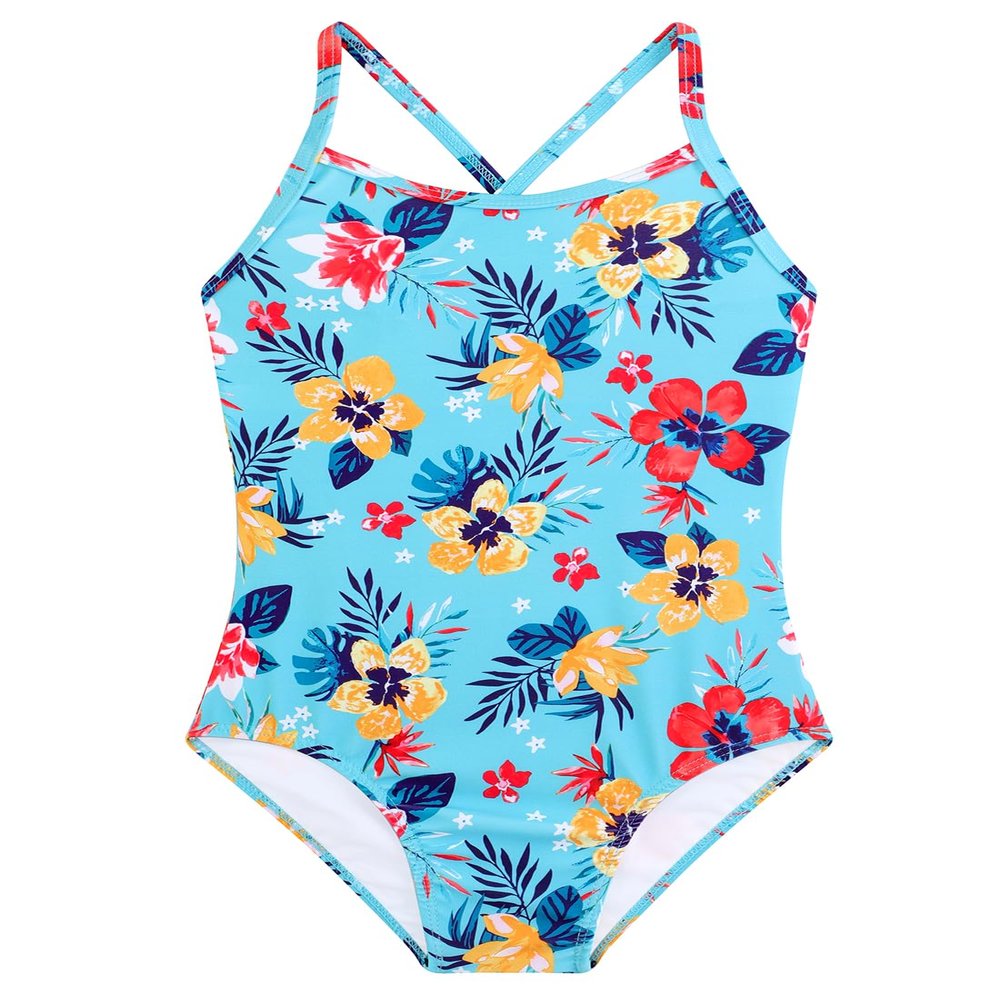 Girls One Piece Swimsuits Cute Blue Floral Printed Swimwear UPF 50+ Quick Dry Bathing Suits Cross Shoulder Strap Girls Swimsuit Size 7 8