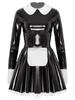 ACSUSS Women's Wet Look PVC Leather French Maid Costume Long Sleeve Mini Apron Dress Fancy Dress Black Small view 3