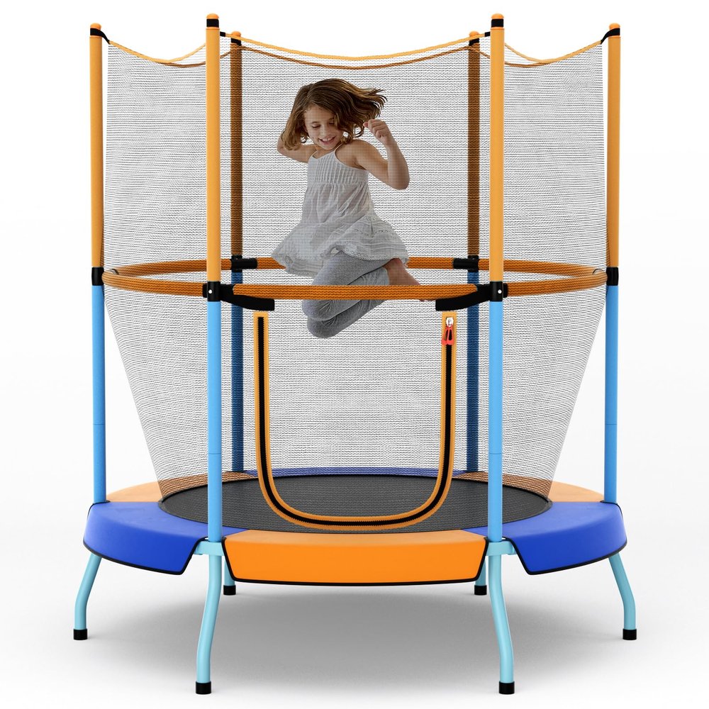 Goplus Kids Trampoline, 48" Toddler Trampoline ASTM Approved w/Safety Enclosure Net, No Gap Mat, Small Mini Recreational Trampoline for Indoor Outdoor, Boys Girls Baby Birthday Gifts (Orange&Blue)