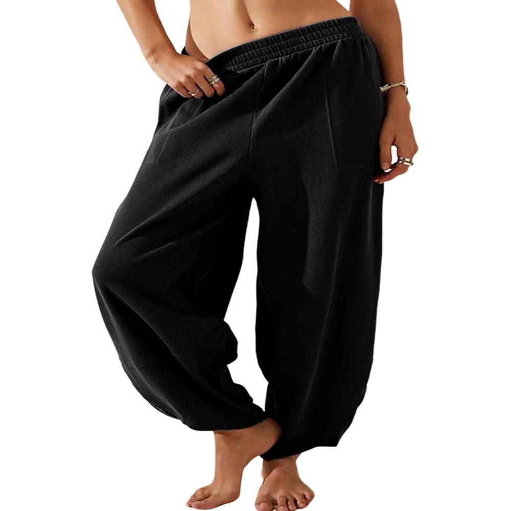 Himosyber Women Cotton Pants Wide Leg Pants Casual Loose Baggy Elastic Waist Beach Palazzo Harem Pants (Black-S)