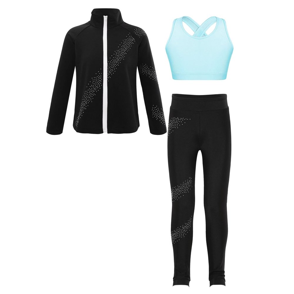 Agoky Big Girl's Active Set Gymnastic Workout Crop Tops with Athletic Leggings Tracksuit Dance Outfit Activewear Light Blue 12 Years