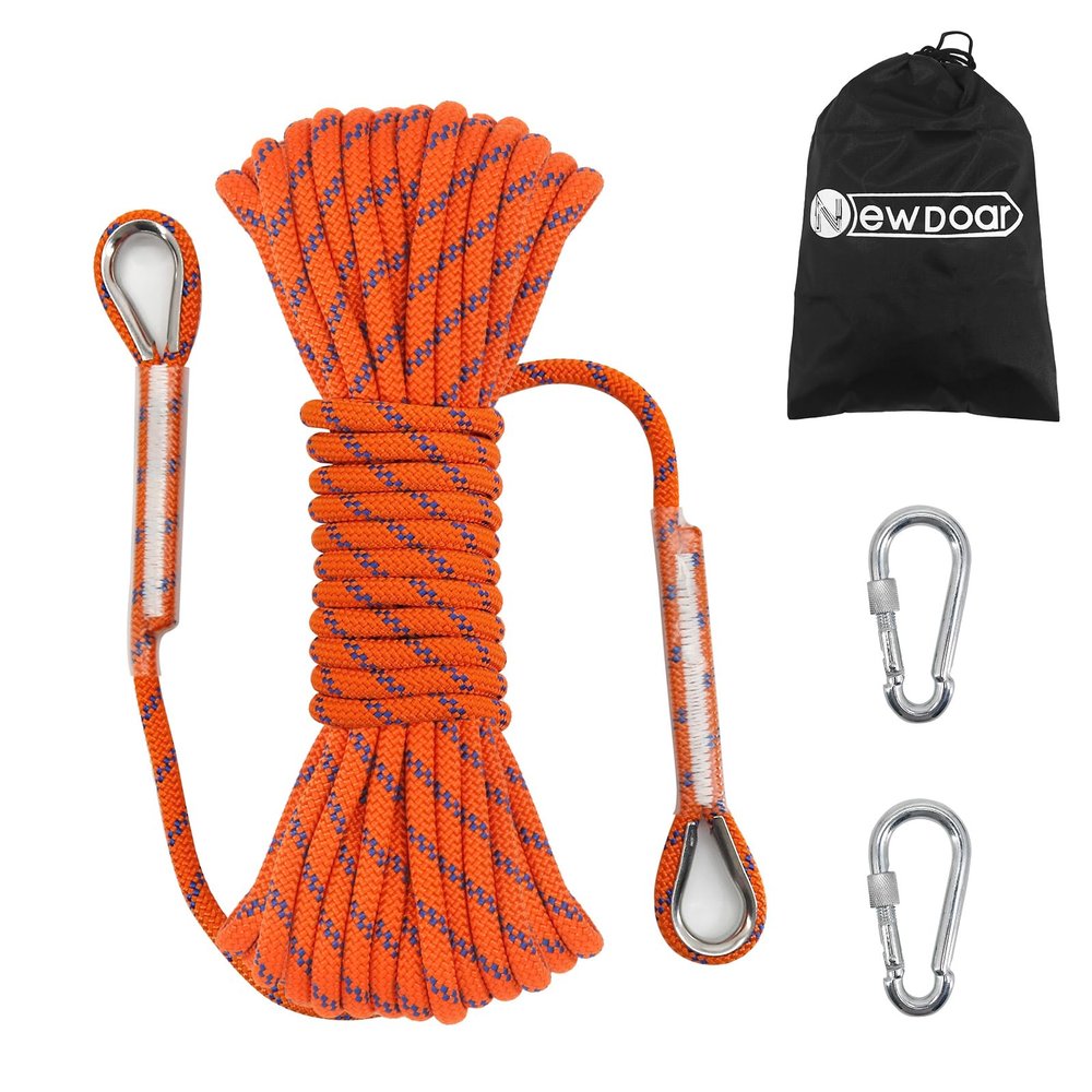 NewDoar 14KN Static Climbing Rope 8mm(5/16in) Accessory Cord Equipment 33FT(10M) 66FT(20M) 98FT(30M) 165FT(50M) Escape Rope with 2 Carabiners for Ice Climbing Equipment Fire Rescue Rope-Orange/30M