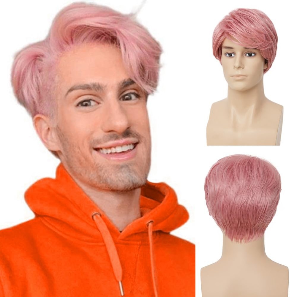 Amnenl Pink Mens Short Wig Layered Side Part Synthetic Wig Natural Fluffy Male Hair Wig With Bangs for Halloween Cosplay Daily Use