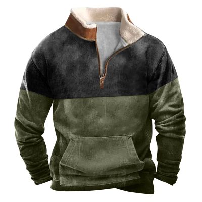 Men's Quarter Zipper Sherpa Sweatshirts 2025 Thermal Warm Sweater 1/4 Zip Stand Collar Cowboy Print Tactical Jacket4-Army Green,4X-Large