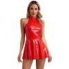Freebily Women's Wetlook Latex Dress Halter Neck Sleeveless A-line Hem Back Zipper Mini Dress Red Large view 1