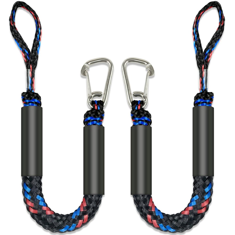 Fender Lines Anchor Bungee 316 Stainless Clip Boat Dock Lines 2PCS (Black Blue Red, 2 Feet)