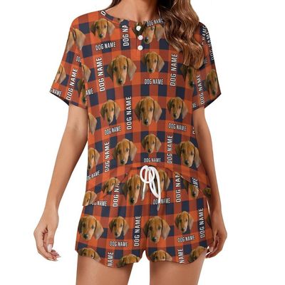 COWCUTE personalized Women's Short Pajamas Set with Pet Face Photo & Name, Custom PJ Loungewear for Dog Owner Mom Puppy Lover